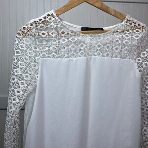 Zara Basic NWT XS White Lace Blouse Long Sleeve Diamond Retro